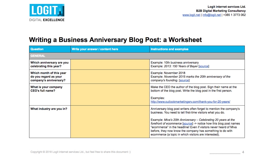 Sample page (page 4 out of 11): a simple table in Microsoft Word for capturing answers