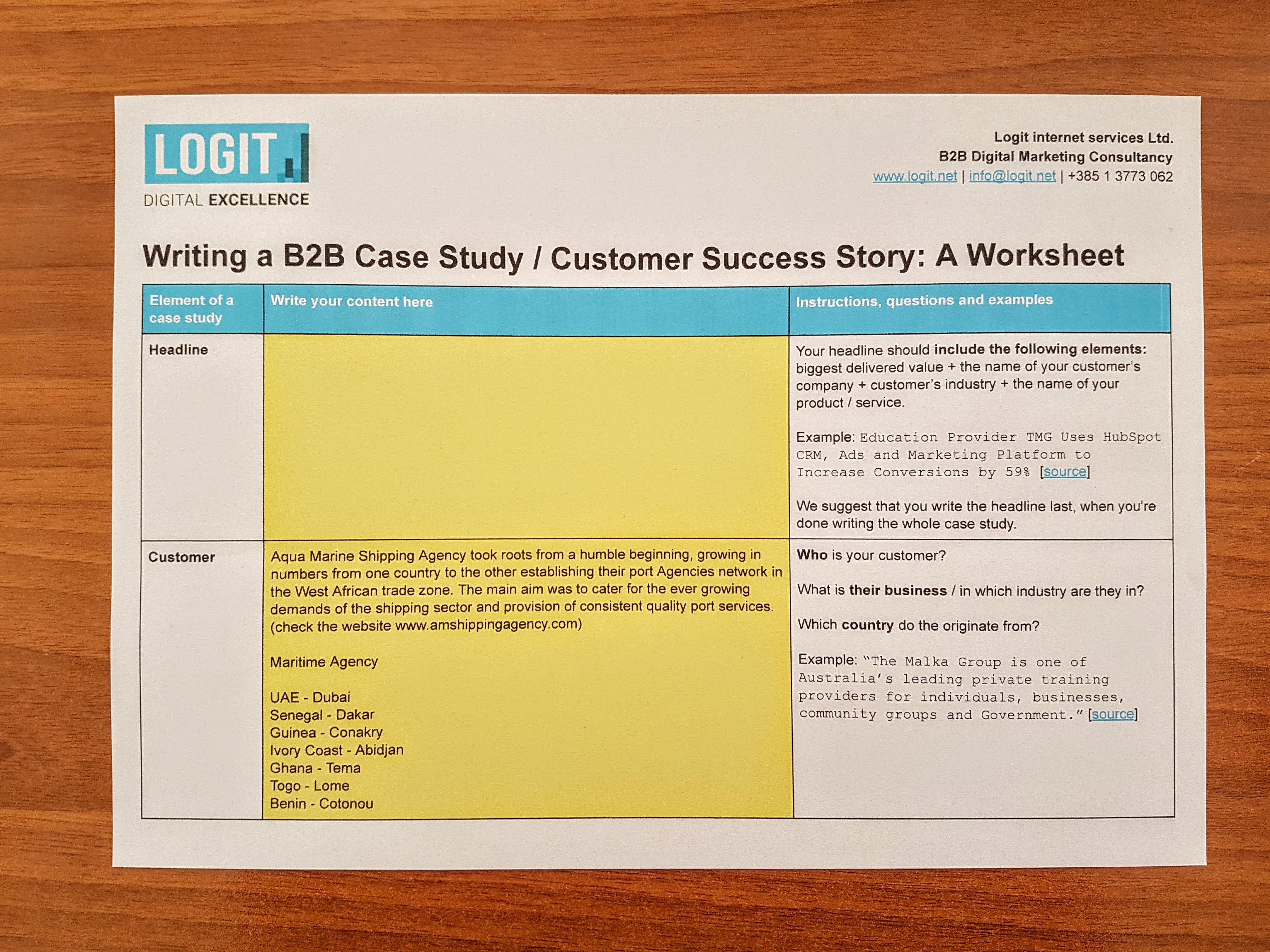 An example of a website content writing worksheet.