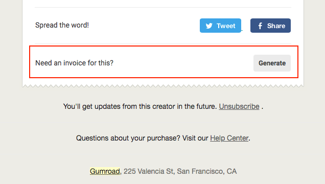 Gumroad receipt: "Generate Invoice" button